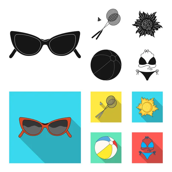 A game of badminton, a ball and the sun.Summer vacation set icons in black, flat style vector symbol stock illustration web . — стоковый вектор