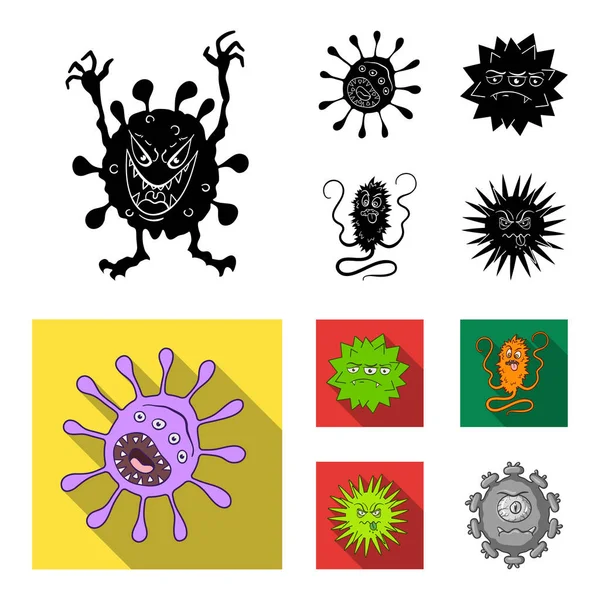 Diferentes tipos de microbios y virus. Iconos de colección de virus y bacterias conjunto en negro, estilo plano vector símbolo stock ilustración web . — Vector de stock