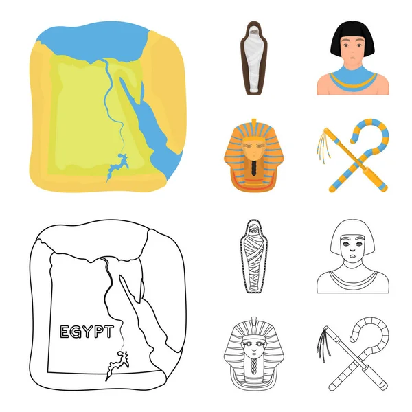 骗子和连枷, 金色面具, 埃及人, 木乃伊在坟墓里。古埃及集合图标在卡通, 轮廓风格矢量符号股票插画网站. — 图库矢量图片