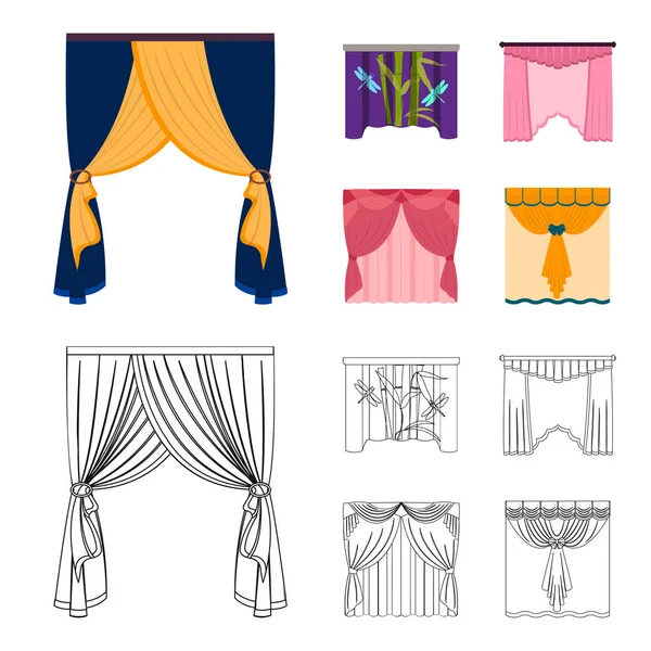 Embroidery, tekstil, furniture dan ikon web lainnya dalam kartun, outline style.curtains, stick, cornices, ikon dalam koleksi set . - Stok Vektor