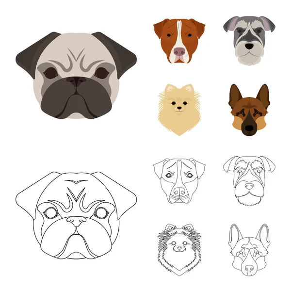 Farklı doğurmak-in köpek ağızlık. Köpek doğurmak Stafford, Spitz, Risenschnauzer, Alman çoban çizgi film, anahat stili vektör simge stok çizim web simgeler ayarla.