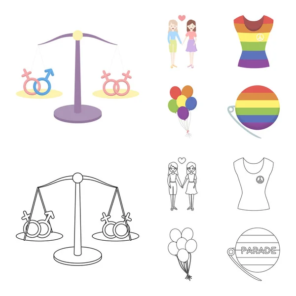 Φόρεμα, μπάλες, λεσβίες, γκέι παρέλαση. Gay συλλογή εικόνες που σε σκίτσο, περίγραμμα στυλ διάνυσμα σύμβολο μετοχής εικονογράφηση web. — Διανυσματικό Αρχείο