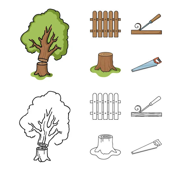 栅栏, 凿子, 树桩, 木材的钢锯。木材和木材集合图标在卡通, 轮廓风格矢量符号股票插画网站. — 图库矢量图片