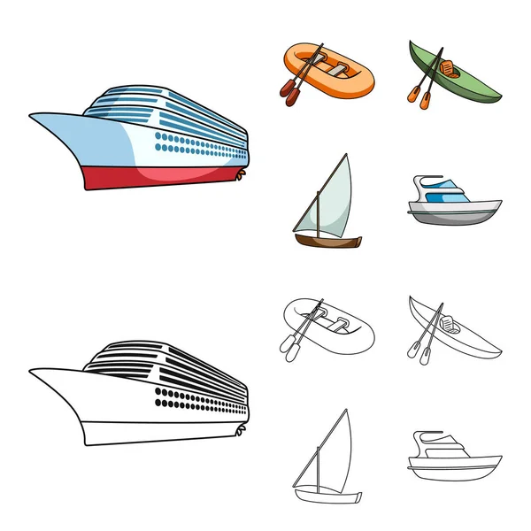 A rubber fishing boat, a kayak with oars, a fishing schooner, a motor yacht.Ships and water transport set collection icons in cartoon,outline style vector symbol stock illustration web.