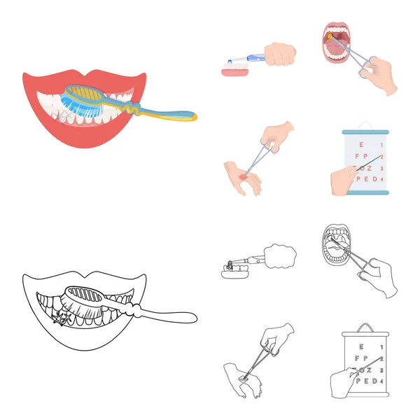 치과 치료, 상처 치료 및 만화, 개요 style.oral 치료, 시력 아이콘 집합된 컬렉션에 테스트에 다른 웹 아이콘. — 스톡 벡터