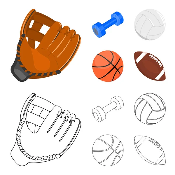 Blaue Hantel, weißer Fußball, Basketball, Rugbyball. Sport Set Sammlung Symbole in Cartoon, Umriss, flachen Stil Vektor Symbol Stock Illustration Web. — Stockvektor