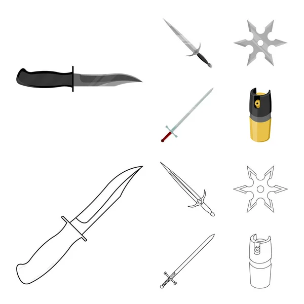 剣、両手剣、ガス気球、手裏剣。武器はアウトライン スタイルのベクトル シンボル ストック イラスト web 漫画でコレクションのアイコンを設定します。. — ストックベクタ