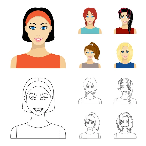 Tipos de penteados femininos desenhos animados, ícones de contorno na coleção de conjuntos para design. Aparência de uma mulher vetor símbolo web ilustração . —  Vetores de Stock