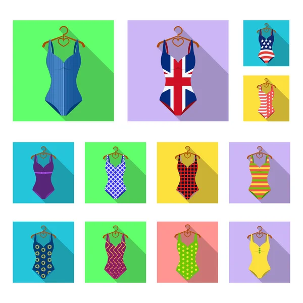 Diferentes tipos de trajes de baño iconos planos en la colección de conjuntos para el diseño. Accesorios de natación vector símbolo stock web ilustración . — Archivo Imágenes Vectoriales