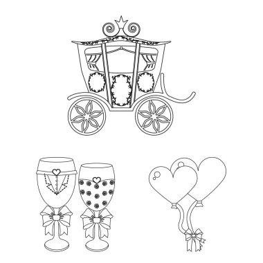 Düğün ve öznitelikleri set koleksiyonu tasarım için simgeleri anahat. Sembol stok illüstrasyon vektör yeni evliler ve aksesuarları.