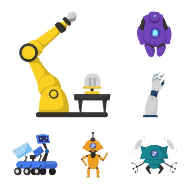 Robot ve fabrika logosu yalıtılmış nesne. Robot ve uzay hisse senedi vektör çizim topluluğu.