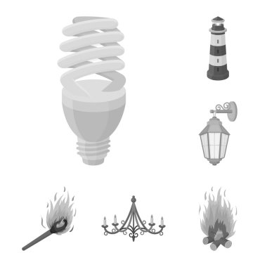 Set koleksiyonu tasarım için ışık kaynağı tek renkli simgeler. Işık ve ekipman sembol stok web illüstrasyon vektör.