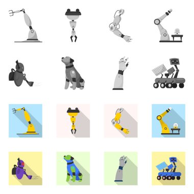 Robot ve fabrika işareti vektör Illustration. Hisse senedi için robot ve uzay vektör simge kümesi.