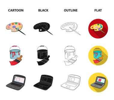 Bir fırça, boya fırçası, bir bilgisayar, bir araç, bir kalem ile bir kova ile bir palettir. Düz stil vektör simge stok çizim web sanatçı ve çizgi film, siyah, anahat, çizim küme toplama simgeler.