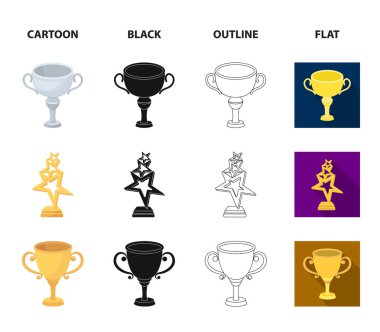 Gümüş Kupası ikincilik için stand, bir yıldız, bir gold Kupası ile bir fincan altın yıldız. Kupalar ve ödüller koleksiyonu Icons set çizgi film, siyah, anahat, düz stil vektör simge stok çizim