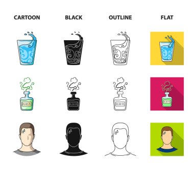 Bir bardak su, bir şişe alkol, terleme bir adam, bir elma. Diabeth koleksiyonu Icons set çizgi film, siyah, anahat, düz stil vektör simge stok çizim web.