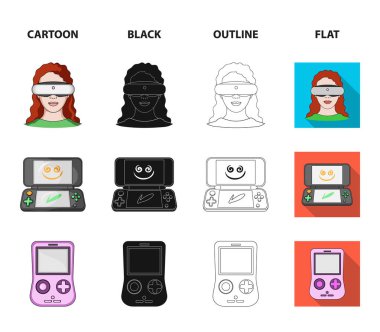 Oyun konsolu ve sanal gerçeklik çizgi film, siyah, anahat, set koleksiyonu tasarım için düz simgeler. Oyun gadget'lar sembol stok web illüstrasyon vektör.
