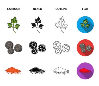 Ptrushka, karabiber, kırmızı biber, biber. Otlar ve baharatlar koleksiyonu Icons set çizgi film, siyah, anahat, düz stil vektör simge stok çizim web.