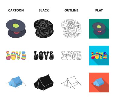 Vinil diskler, gitar, çadır. Hippi koleksiyonu Icons set çizgi film, siyah, anahat, düz stil vektör simge stok çizim web.
