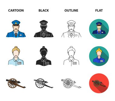 Bekçi, Kılavuzu, heykel, silah. Müzesi koleksiyonu Icons set çizgi film, siyah, anahat, düz stil vektör simge stok çizim web.