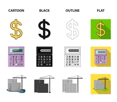 Hesap makinesi, dolar işareti, yeni bina, Emlak Ofisleri. Emlakçı koleksiyonu Icons set çizgi film, siyah, anahat, düz stil vektör simge stok çizim web.