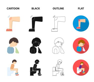 Bir ayak ile tıbbi maskeli bir adam tuvalette, oturan bir adam hasta, hapşırma diz, bir çürük. Çizgi film, siyah, anahat, düz stil vektör simge stok illüstrasyon hasta küme koleksiyon simgeler