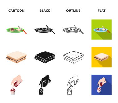 Tatlı krema, bir sandviç ve diğer gıda ile. Yiyecek toplama Icons set çizgi film, siyah, anahat, düz stil vektör simge stok çizim web.