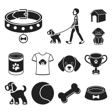 Set koleksiyonu tasarım için evde beslenen hayvan köpek siyah simgeler. Köpek yavrusu vektör simge stok web çizim için bakım.