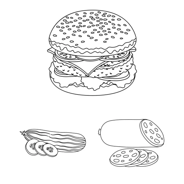 Burger und Zutaten umreißen Symbole in Set-Kollektion für Design. Burger Kochen Vektor Symbol Lager Web-Illustration. — Stockvektor