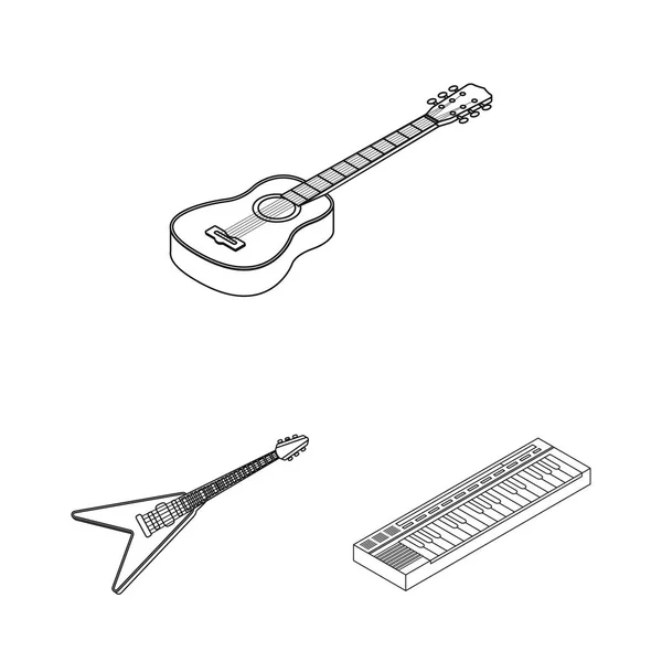 Ícones de contorno de instrumentos musicais na coleção de conjuntos para design. Instrumento de corda e vento isométrico vetor símbolo web ilustração . — Vetor de Stock