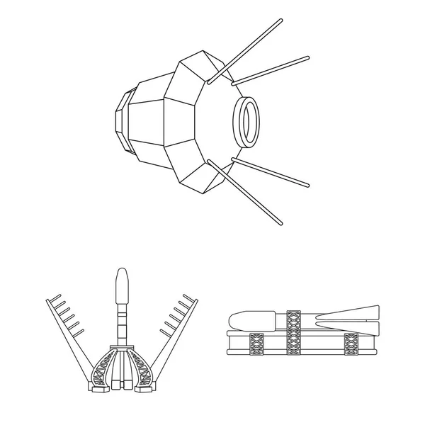 Icônes de contour de technologie spatiale dans la collection de jeu pour la conception.Illustration Web de stock de symbole vectoriel d'engins spatiaux et d'équipement . — Image vectorielle