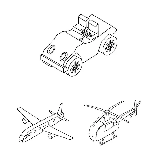 Różne rodzaje transportu konturu ikony w kolekcja zestaw do projektowania. Izometryczny vector samochodu i statek symbol ilustracja zasobów sieci web. — Wektor stockowy