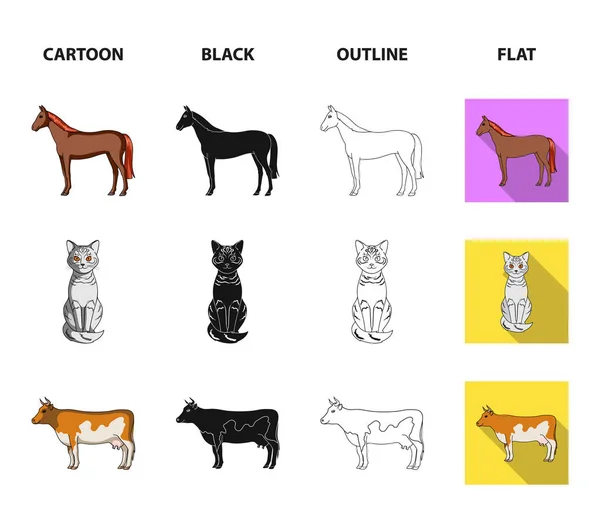 Άλογο, αγελάδα, γάτα, σκίουρος και άλλα είδη ζώων. Ζώα εικόνες συλλογή που σε καρτούν, μαύρο, περίγραμμα, επίπεδη στυλ διάνυσμα σύμβολο μετοχής εικονογράφηση web. — Διανυσματικό Αρχείο