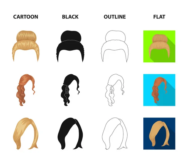 Blond avec un bouquet, ondulé rouge et d'autres types de cheveux. Ensemble de cheveux arrière icônes de collection en dessin animé, noir, contour, style plat symbole vectoriel illustration web . — Image vectorielle