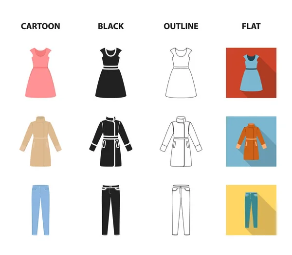 Φόρεμα με κοντά μανίκια, παντελόνια, παλτά, ρεγκλάν. Ρούχα που συλλογή εικονιδίων στο μαύρο, περίγραμμα, γελοιογραφία, επίπεδη στυλ διάνυσμα σύμβολο μετοχής εικονογράφηση web. — Διανυσματικό Αρχείο