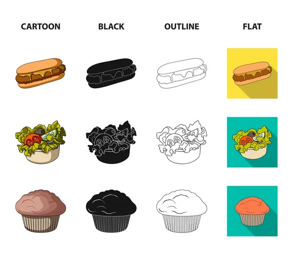 Jídlo, odpočinek, občerstvení a další webové ikony v karikatuře, černý, obrys, ploché styl. Koláč, sušenky, smetana, ikony v kolekce sady. — Stockový vektor