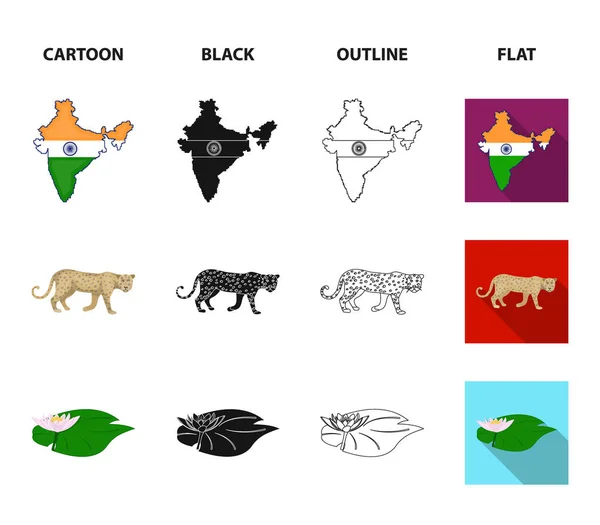 Country India cartone animato, nero, contorno, icone piatte in collezione set per il design.India e punto di riferimento vettoriale simbolo stock web illustrazione . — Vettoriale Stock