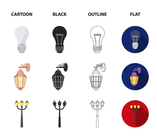 LED light, street lamp, match.Light source set collection icons in cartoon,black,outline,flat style vector symbol stock illustration web. — Stock Vector