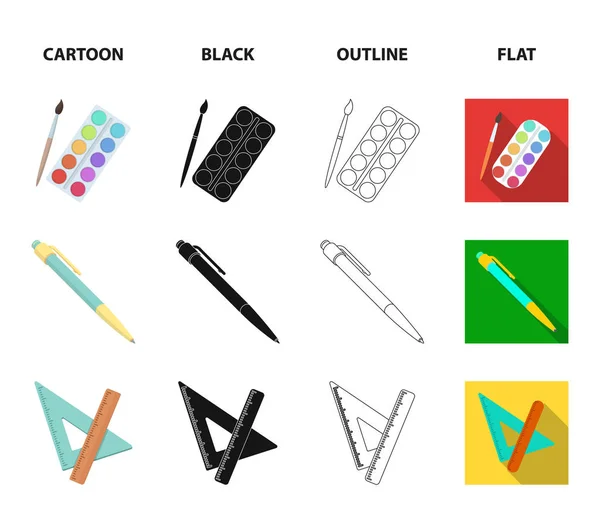 Vernici multicolori con nappa, penna, triangolo e righello, cartella, valigetta. Scuola e istruzione set di icone di raccolta in cartone animato, nero, contorno, stile piatto vettore simbolo stock illustrazione web . — Vettoriale Stock