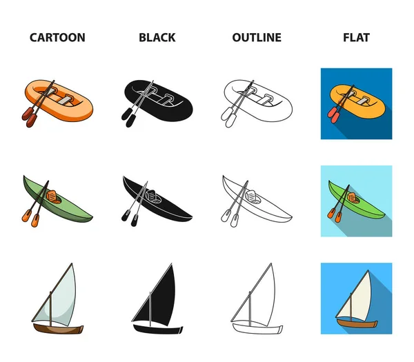 Un bateau de pêche en caoutchouc, un kayak avec des rames, une goélette de pêche, un yacht à moteur.Les navires et le transport nautique mettent en scène des icônes de collection en dessin animé, noir, contour, style plat symbole vectoriel illustration web . — Image vectorielle
