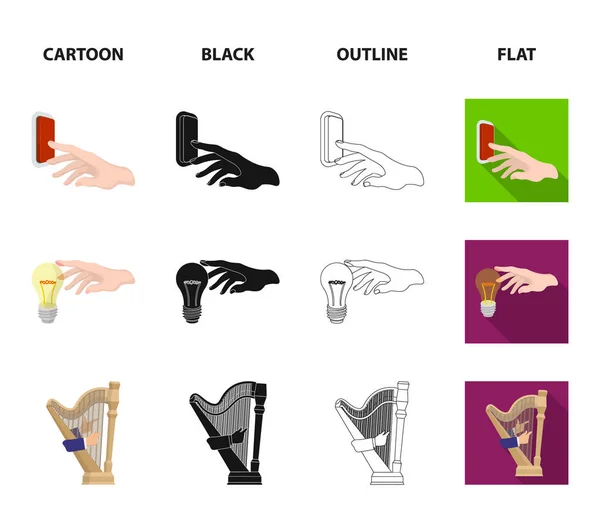 전기 스위치 버튼, 백열 램프 및 다른 웹 아이콘 만화, 검정, 윤곽, 평면 스타일. 재생 하프, 아이콘 집합된 컬렉션에 손에 확성기. — 스톡 벡터