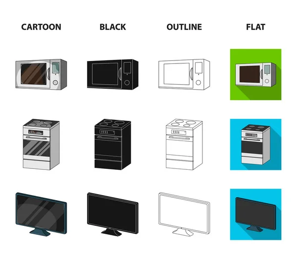 Побутова техніка та обладнання мультфільм, чорний, контур, плоскі піктограми в наборі для дизайну. Сучасна побутова техніка векторний символ стокова веб-ілюстрація . — стоковий вектор