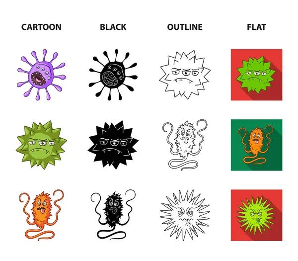 Diferentes tipos de microbios y virus. Los virus y bacterias establecen iconos de colección en dibujos animados, negro, contorno, vector de estilo plano símbolo stock ilustración web . — Vector de stock