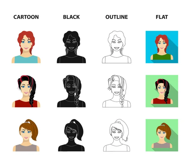 Tipos de penteados femininos desenhos animados, preto, contorno, ícones planos na coleção de conjuntos para design. Aparência de uma mulher vetor símbolo web ilustração . —  Vetores de Stock