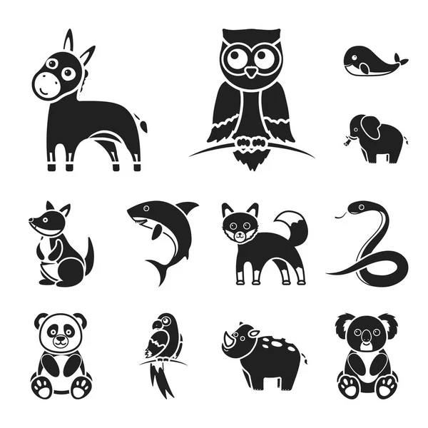Bir gerçekçi olmayan hayvan siyah simgeler set koleksiyonu tasarım için. Oyuncak hayvanlar sembol stok web illüstrasyon vektör. — Stok Vektör