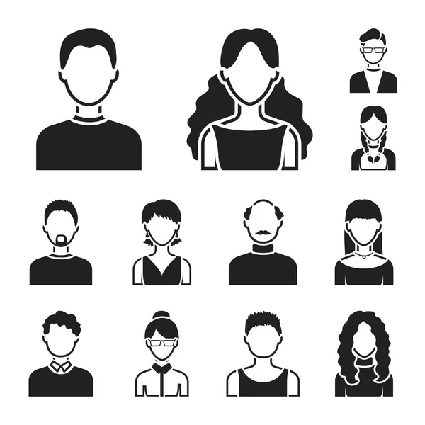 Avatar και πρόσωπο μαύρο εικονίδια στη συλλογή σετ για σχεδιασμό. Μια εικονογράφηση απόθεμα web σύμβολο άτομο εμφάνιση φορέα. — Διανυσματικό Αρχείο