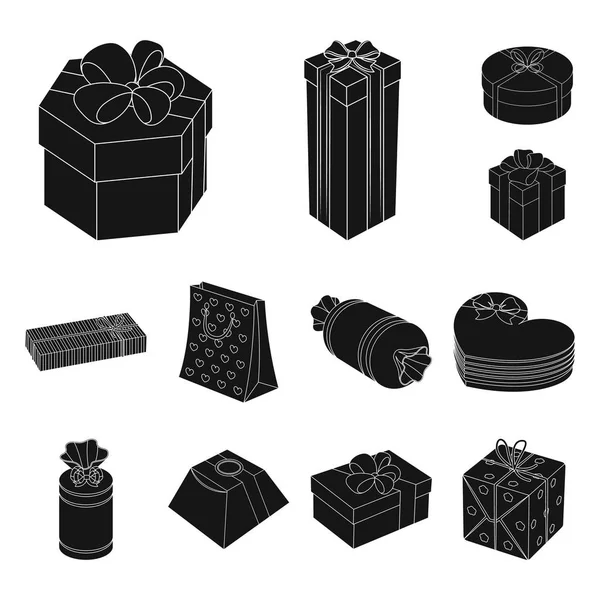 Hediye ve set koleksiyonu tasarım için siyah simgeler ambalaj. Renkli ambalaj sembol stok web illüstrasyon vektör.
