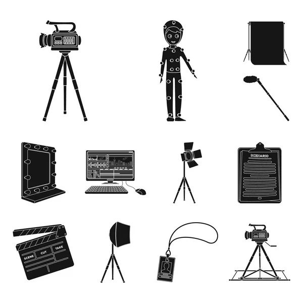 Macht einen Film schwarze Icons in Set-Kollektion für Design. Attribute und Ausstattung Vektor Symbol Stock Web Illustration. — Stockvektor