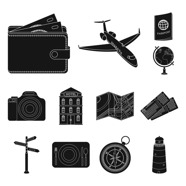 Rusten en reizen van zwarte iconen in set collectie voor design. Vervoer, toerisme vector symbool voorraad web illustratie. — Stockvector