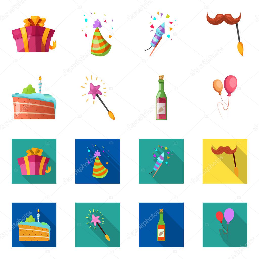 Vector illustration of party and birthday icon. Collection of party and celebration vector icon for stock.